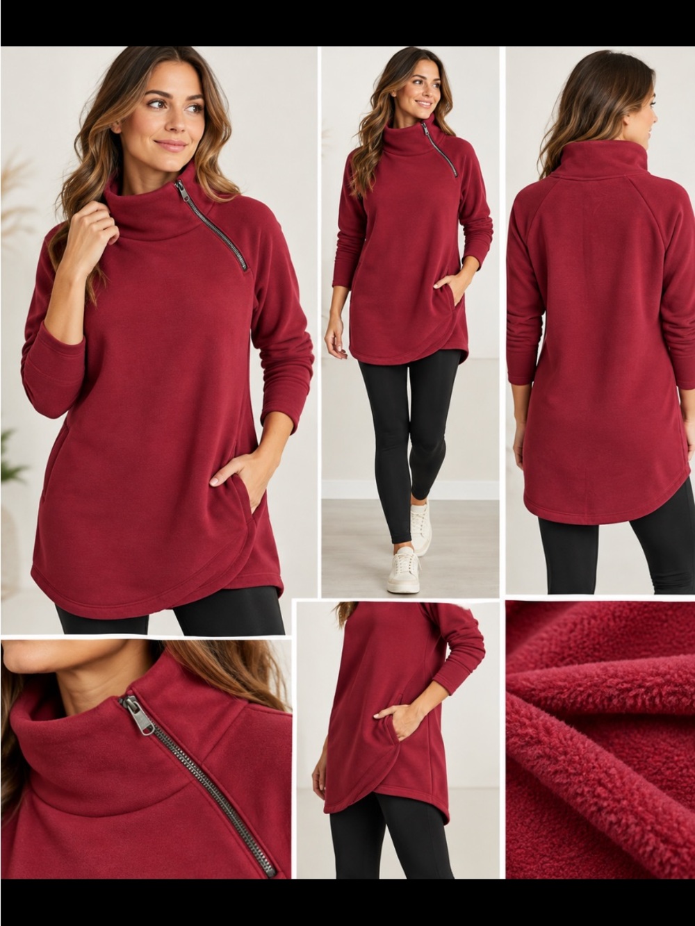 Athleta Burgundy Asymmetrical Zip Fleece Tunic